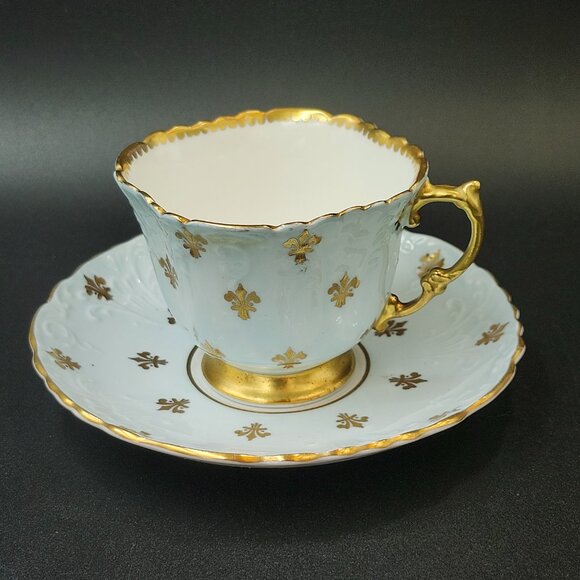 Vintage Aynsley Quatrefoil "Fleur De Lis" Light Blue Tea Cup & Saucer England - Picture 10 of 10